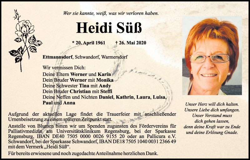  Traueranzeige für Heidi Süß vom 30.05.2020 aus Mittelbayerische Zeitung Schwandorf