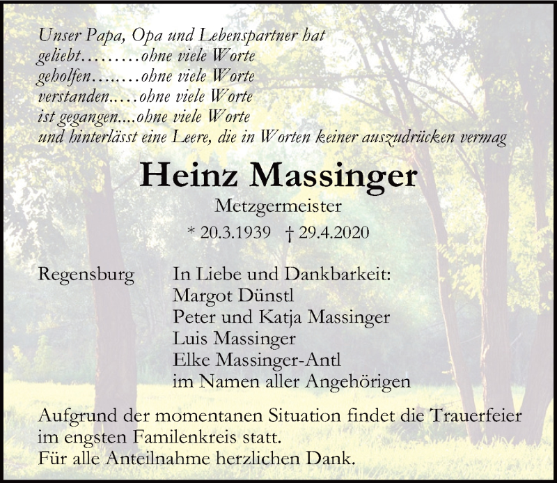  Traueranzeige für Heinz Massinger vom 02.05.2020 aus Mittelbayerische Zeitung Regensburg