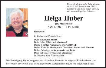 Traueranzeige von Helga Huber von Mittelbayerische Zeitung Kelheim