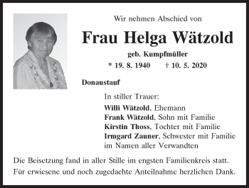 Traueranzeige von Helga Wätzold von Mittelbayerische Zeitung Regensburg
