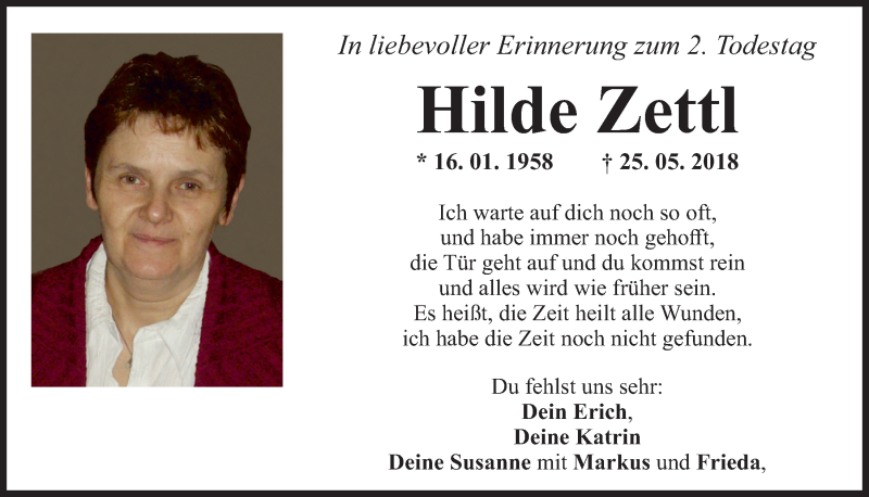  Traueranzeige für Hildegard Zettl vom 25.05.2020 aus Mittelbayerische Zeitung Regensburg
