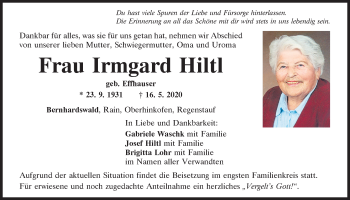 Traueranzeige von Irmgard Hiltl von Mittelbayerische Zeitung Regensburg