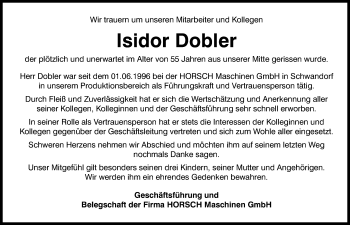 Traueranzeige von Isidor Dobler von Mittelbayerische Zeitung Schwandorf