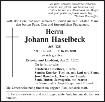 Traueranzeige von Johann Haselbeck von Mittelbayerische Zeitung Kelheim