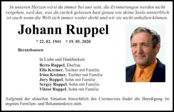 Traueranzeige von Johann Ruppel von Mittelbayerische Zeitung Regensburg