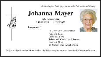 Traueranzeige von Johanna Mayer von Mittelbayerische Zeitung Regensburg