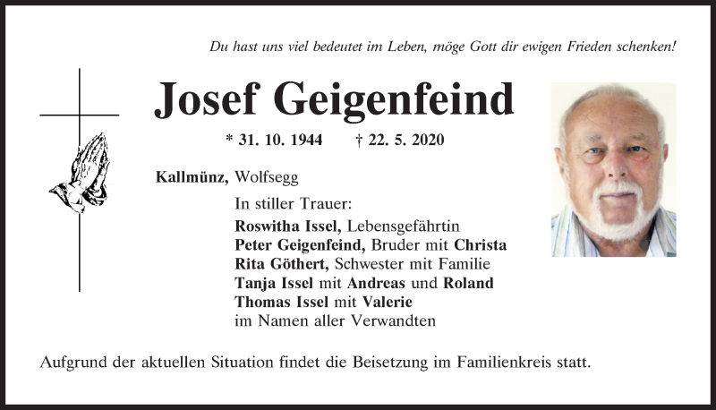  Traueranzeige für Josef Geigenfeind vom 25.05.2020 aus Mittelbayerische Zeitung Regensburg