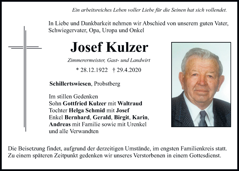  Traueranzeige für Josef Kulzer vom 05.05.2020 aus Bayerwald Echo