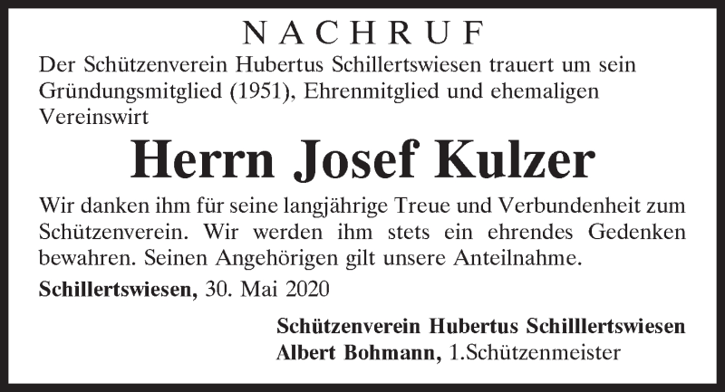  Traueranzeige für Josef Kulzer vom 30.05.2020 aus Bayerwald Echo