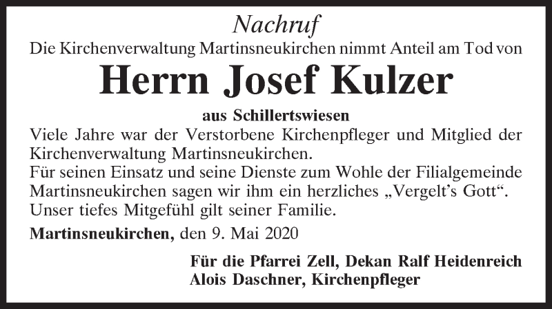  Traueranzeige für Josef Kulzer vom 09.05.2020 aus Bayerwald Echo