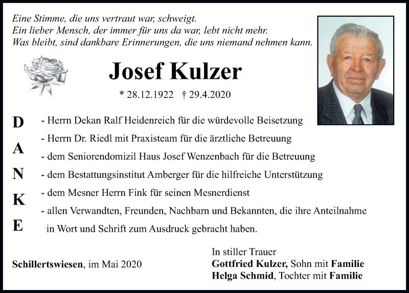  Traueranzeige für Josef Kulzer vom 20.05.2020 aus Bayerwald Echo