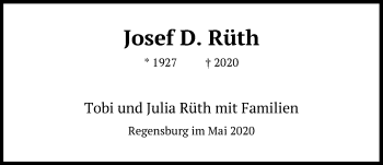 Traueranzeige von Josef D. Rüth von Mittelbayerische Zeitung Regensburg