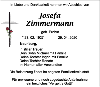 Traueranzeige von Josefa Zimmermann von Mittelbayerische Zeitung Schwandorf