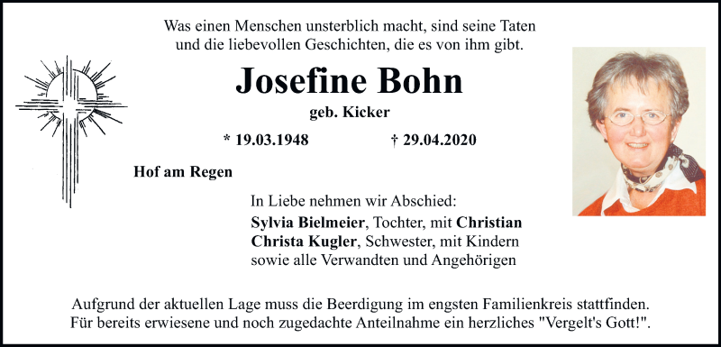  Traueranzeige für Josefine Bohn vom 02.05.2020 aus Mittelbayerische Zeitung Schwandorf