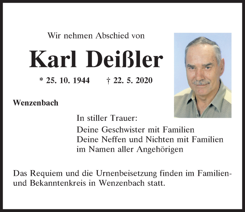 Traueranzeige für Karl Deißler vom 23.05.2020 aus Mittelbayerische Zeitung Regensburg
