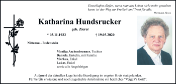 Traueranzeige von Katharina Hundsrucker von Mittelbayerische Zeitung Regensburg