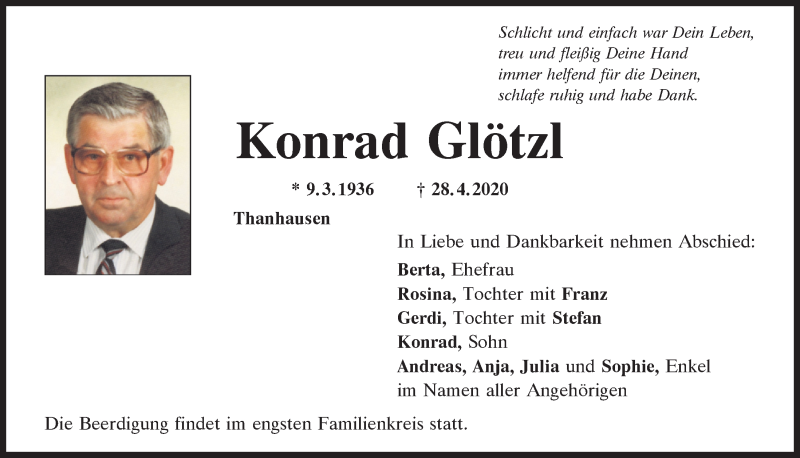  Traueranzeige für Konrad Glötzl vom 02.05.2020 aus Mittelbayerische Zeitung Regensburg