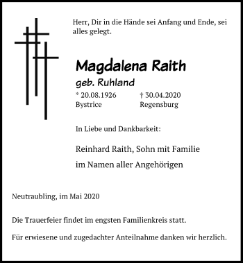 Traueranzeige von Magdalena Raith von Mittelbayerische Zeitung Regensburg