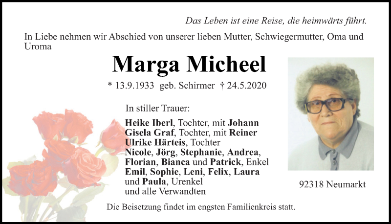  Traueranzeige für Marga Micheel vom 27.05.2020 aus Neumarkter Tagblatt