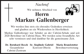 Traueranzeige von Markus Gallenberger von Mittelbayerische Zeitung Kelheim