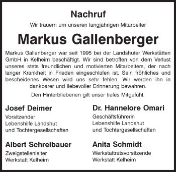 Traueranzeige von Markus Gallenberger von Mittelbayerische Zeitung Kelheim