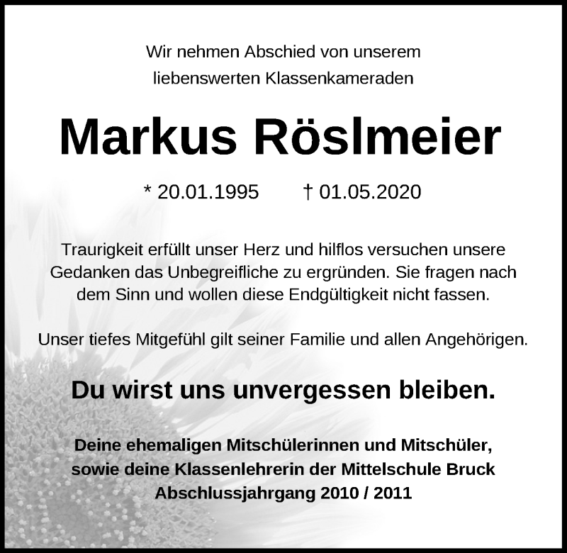  Traueranzeige für Markus Röslmeier vom 15.05.2020 aus Mittelbayerische Zeitung Schwandorf