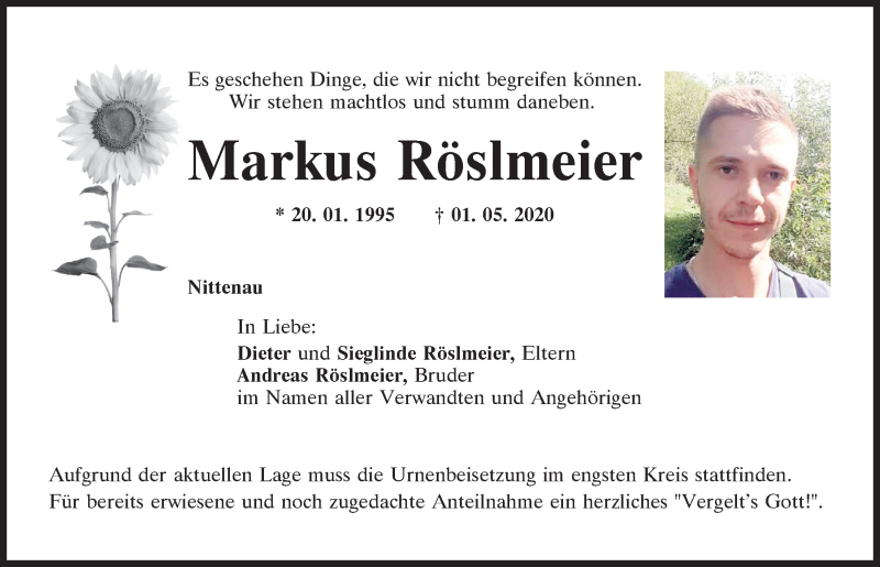  Traueranzeige für Markus Röslmeier vom 07.05.2020 aus Mittelbayerische Zeitung Schwandorf
