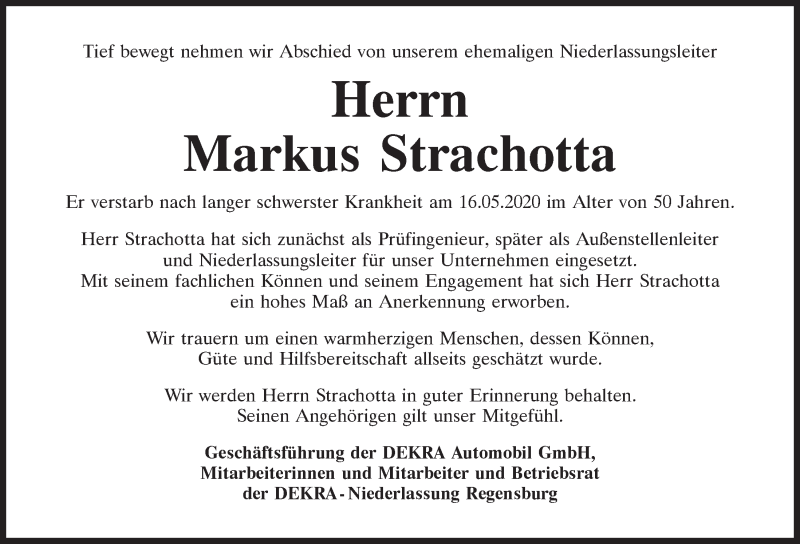  Traueranzeige für Markus Strachotta vom 22.05.2020 aus Mittelbayerische Zeitung Schwandorf