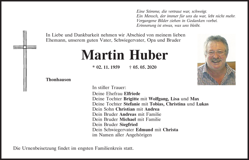  Traueranzeige für Martin Huber vom 07.05.2020 aus Mittelbayerische Zeitung Kelheim