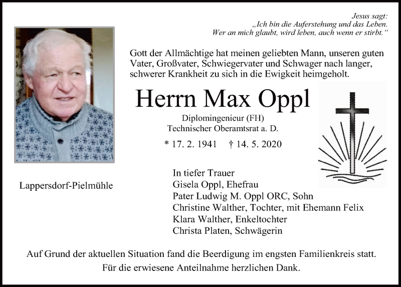 Traueranzeige für Max Oppl vom 23.05.2020 aus Mittelbayerische Zeitung Regensburg