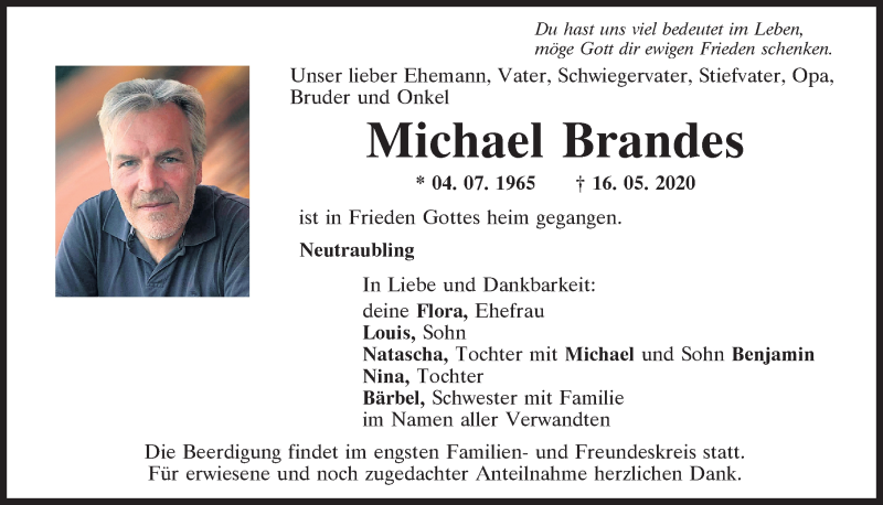  Traueranzeige für Michael Brandes vom 20.05.2020 aus Mittelbayerische Zeitung Regensburg