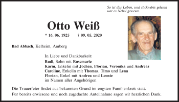 Traueranzeige von Otto Weiß von Mittelbayerische Zeitung Kelheim