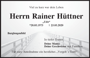 Traueranzeige von Rainer Hüttner von Mittelbayerische Zeitung Schwandorf