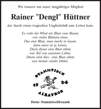 Traueranzeige von Rainer Hüttner von Mittelbayerische Zeitung Schwandorf