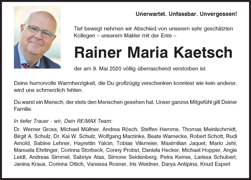  Traueranzeige für Rainer Maria Kaetsch vom 23.05.2020 aus Mittelbayerische Zeitung Gesamtausgabe