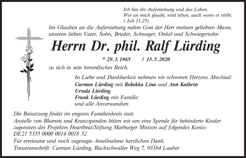  Traueranzeige für Ralf Lürding vom 23.05.2020 aus Mittelbayerische Zeitung Regensburg