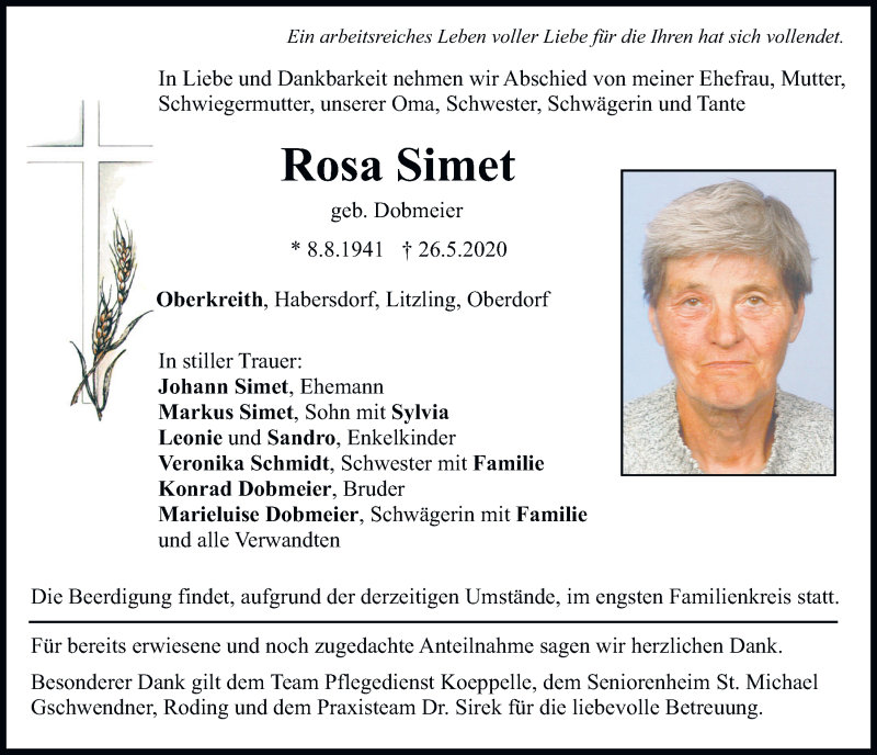  Traueranzeige für Rosa Simet vom 28.05.2020 aus Bayerwald Echo