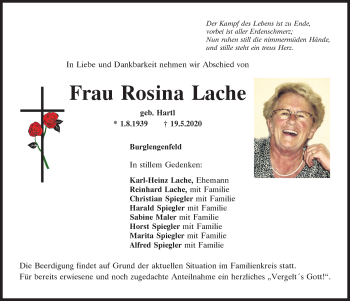 Traueranzeige von Rosina Lache von Mittelbayerische Zeitung Schwandorf