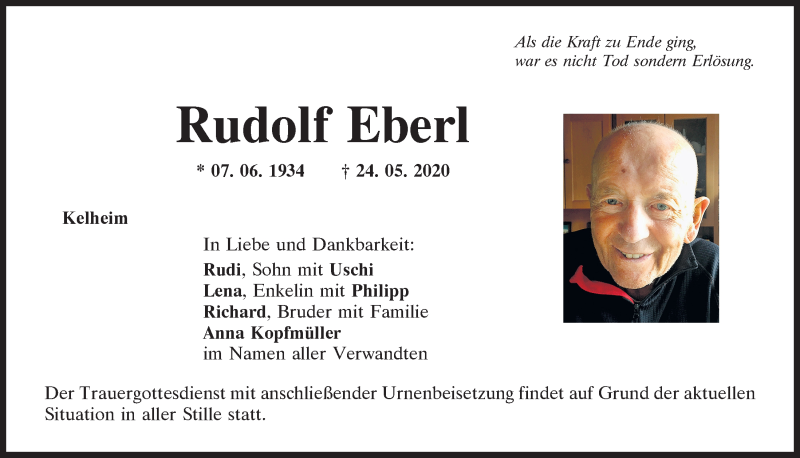  Traueranzeige für Rudolf Eberl vom 27.05.2020 aus Mittelbayerische Zeitung Kelheim
