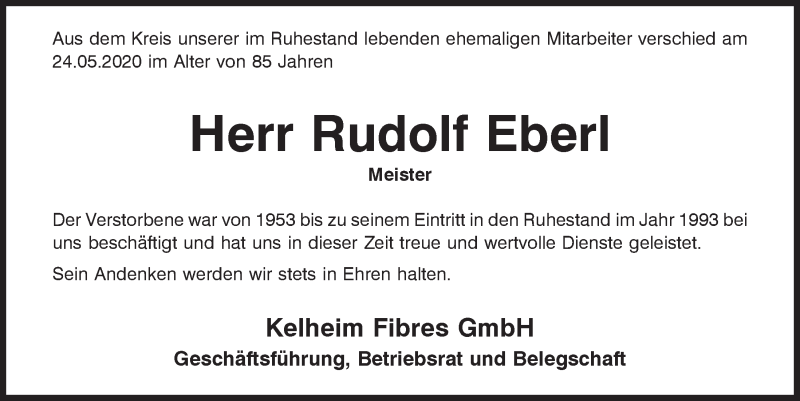  Traueranzeige für Rudolf Eberl vom 28.05.2020 aus Mittelbayerische Zeitung Kelheim
