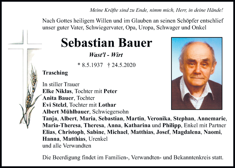  Traueranzeige für Sebastian Bauer vom 26.05.2020 aus Bayerwald Echo