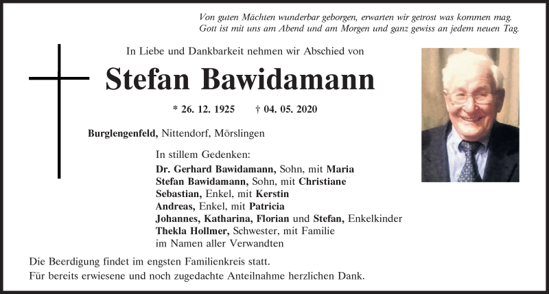  Traueranzeige für Stefan Bawidamann vom 07.05.2020 aus Mittelbayerische Zeitung Schwandorf