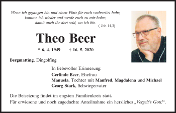 Traueranzeige von Theo Beer von Mittelbayerische Zeitung Regensburg