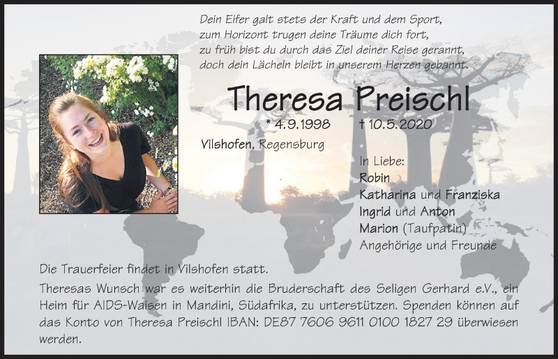  Traueranzeige für Theresa Preischl vom 16.05.2020 aus Mittelbayerische Zeitung Schwandorf