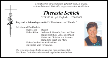 Traueranzeige von Theresia Schick von Neumarkter Tagblatt