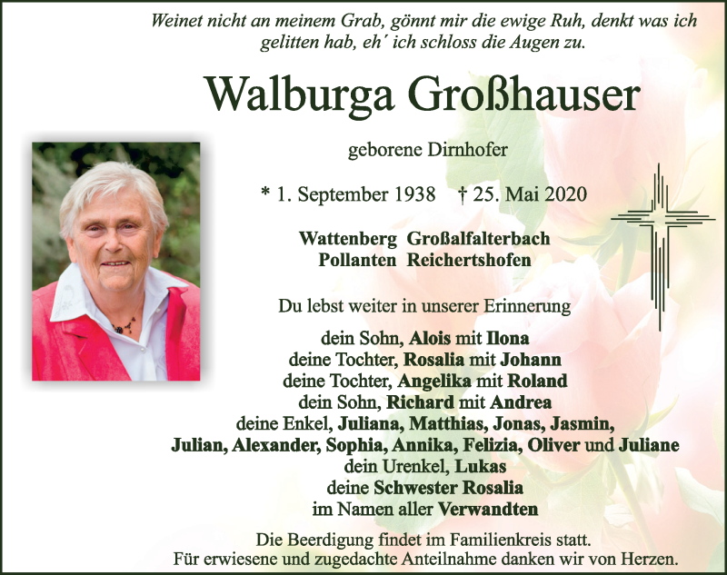  Traueranzeige für Walburga Großhauser vom 27.05.2020 aus Neumarkter Tagblatt