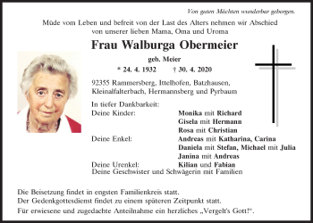 Traueranzeige von Walburga Obermeier von Neumarkter Tagblatt