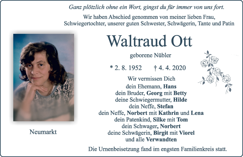  Traueranzeige für Waltraud Ott vom 19.05.2020 aus Neumarkter Tagblatt