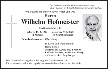 Traueranzeige von Wilhelm Hofmeister von Mittelbayerische Zeitung Regensburg