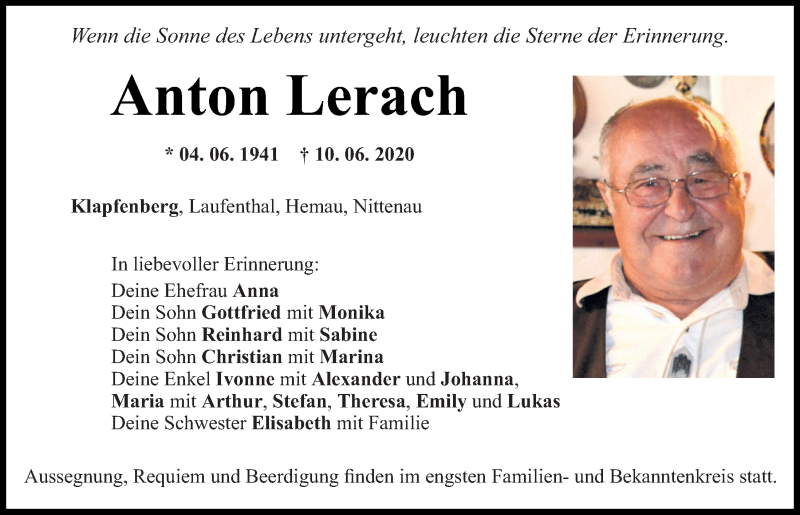  Traueranzeige für Anton Lerach vom 13.06.2020 aus Mittelbayerische Zeitung Regensburg